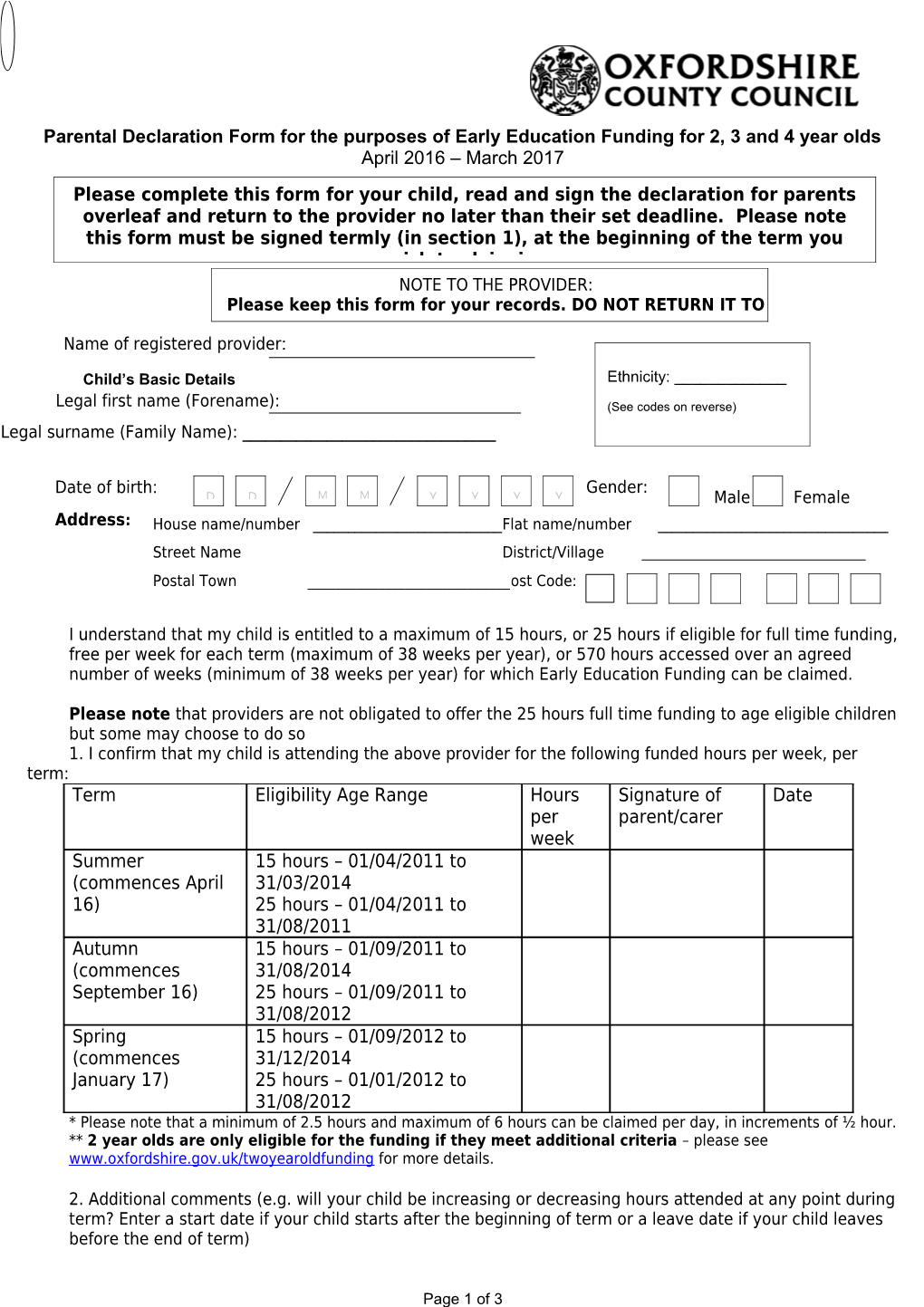 Parental Declaration Form for the Purposes of Early Education Funding for 2, 3 and 4 Year Olds