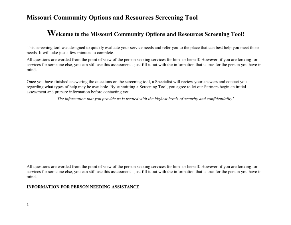 Missouri Community Options and Resources Screening Tool