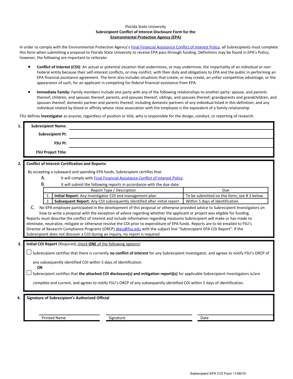 Subrecipient Conflict of Interest Disclosure Form for The