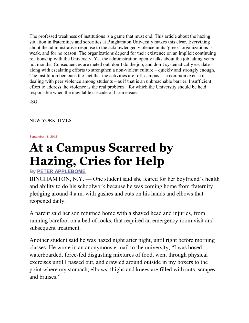 At a Campus Scarred by Hazing, Cries for Help