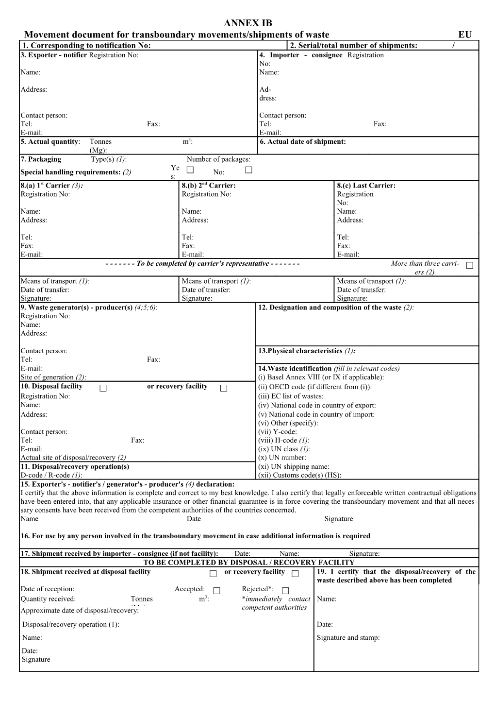 Movement Document for Transboundary Movements/Shipments of Waste EU