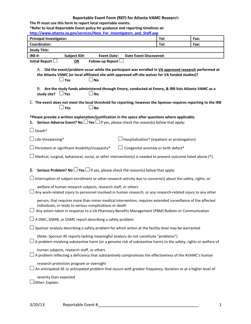 Reportable Event Form (REF) for Atlanta VAMC Researc H