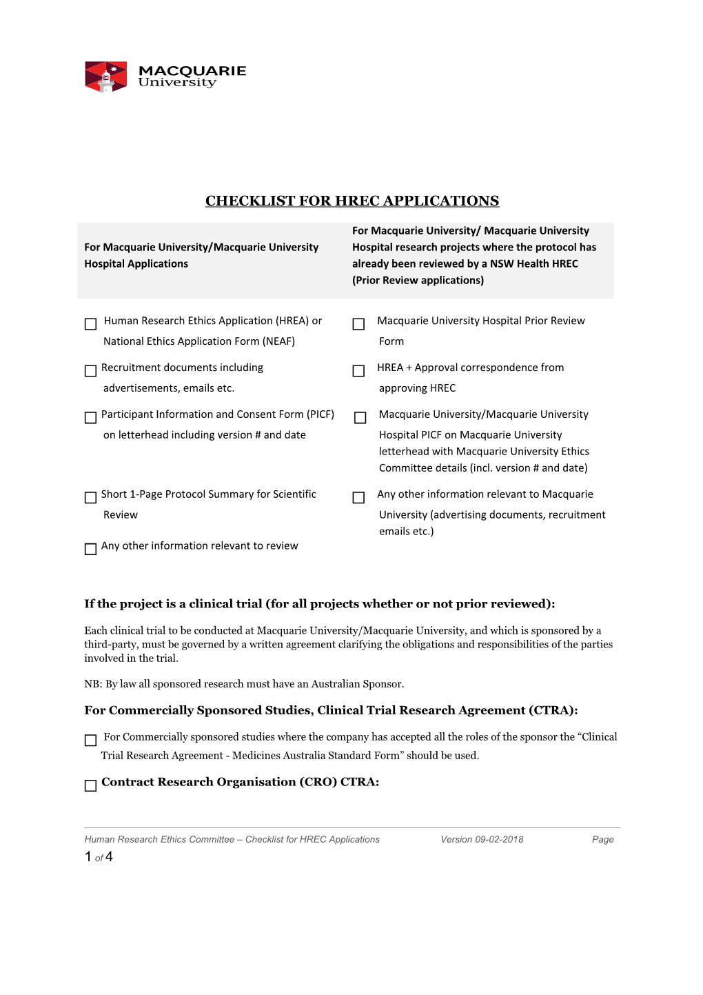 Checklist for Hrec Applications