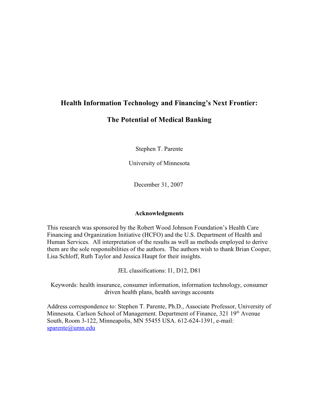 Health Information Technology and Financing S Next Frontier