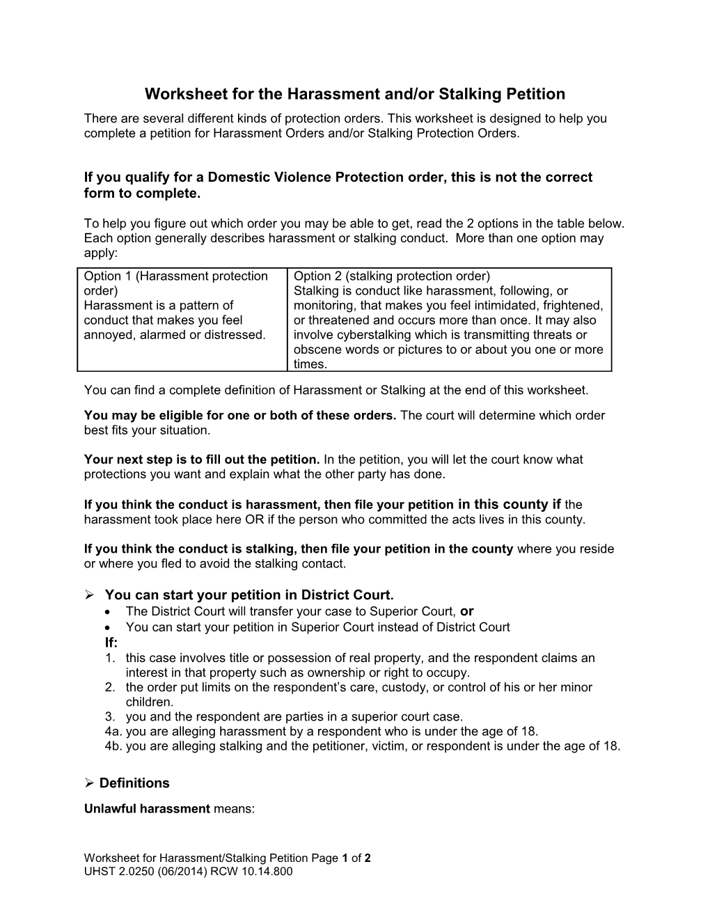 Worksheet for the Harassment And/Or Stalking Petition