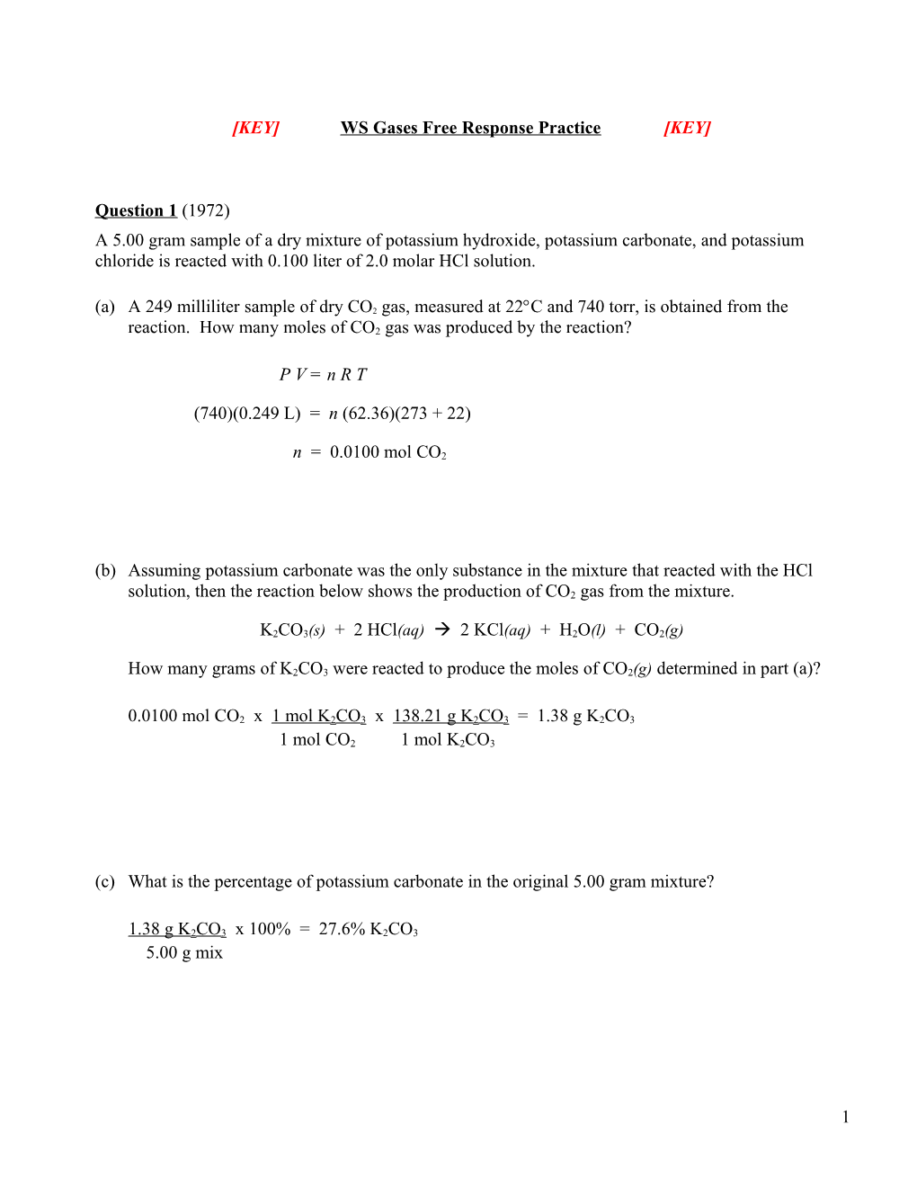 KEY WS Gases Free Response Practice KEY