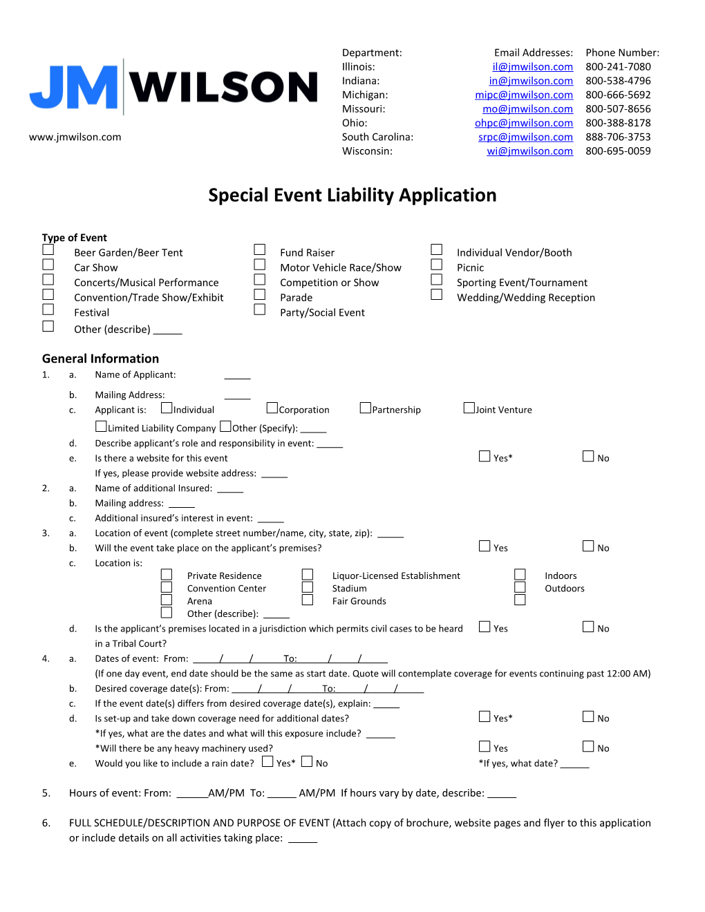 Special Event General Liability Application