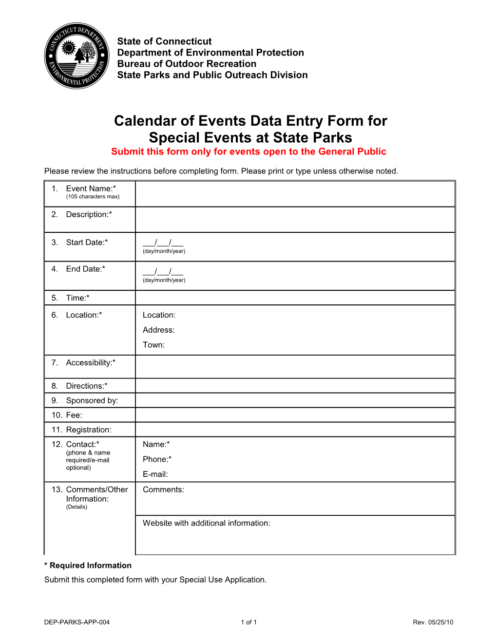Calendar of Events Data Entry Form