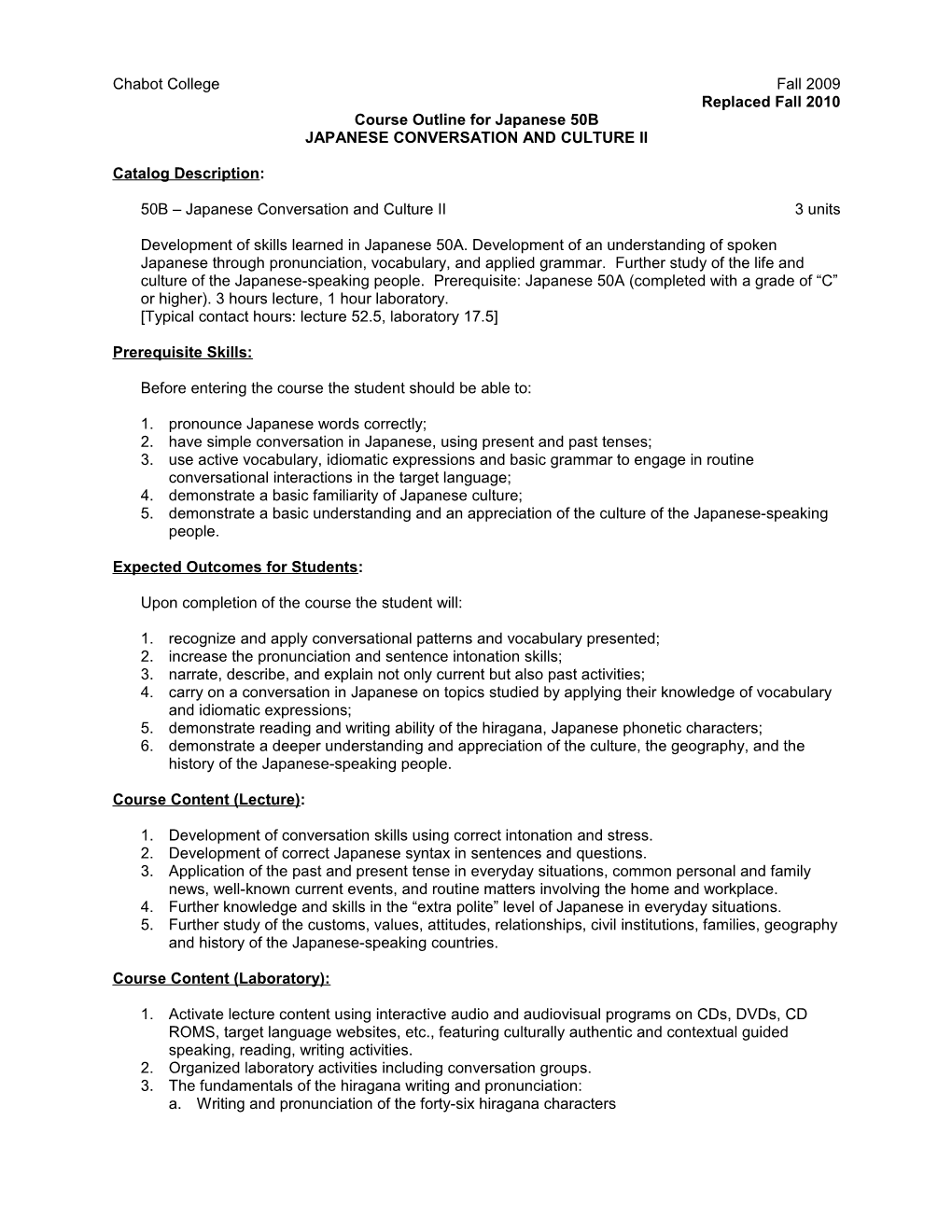 Course Outline for Japanese 50B, Page 2