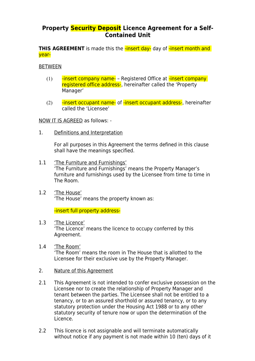 Property Licence Agreement