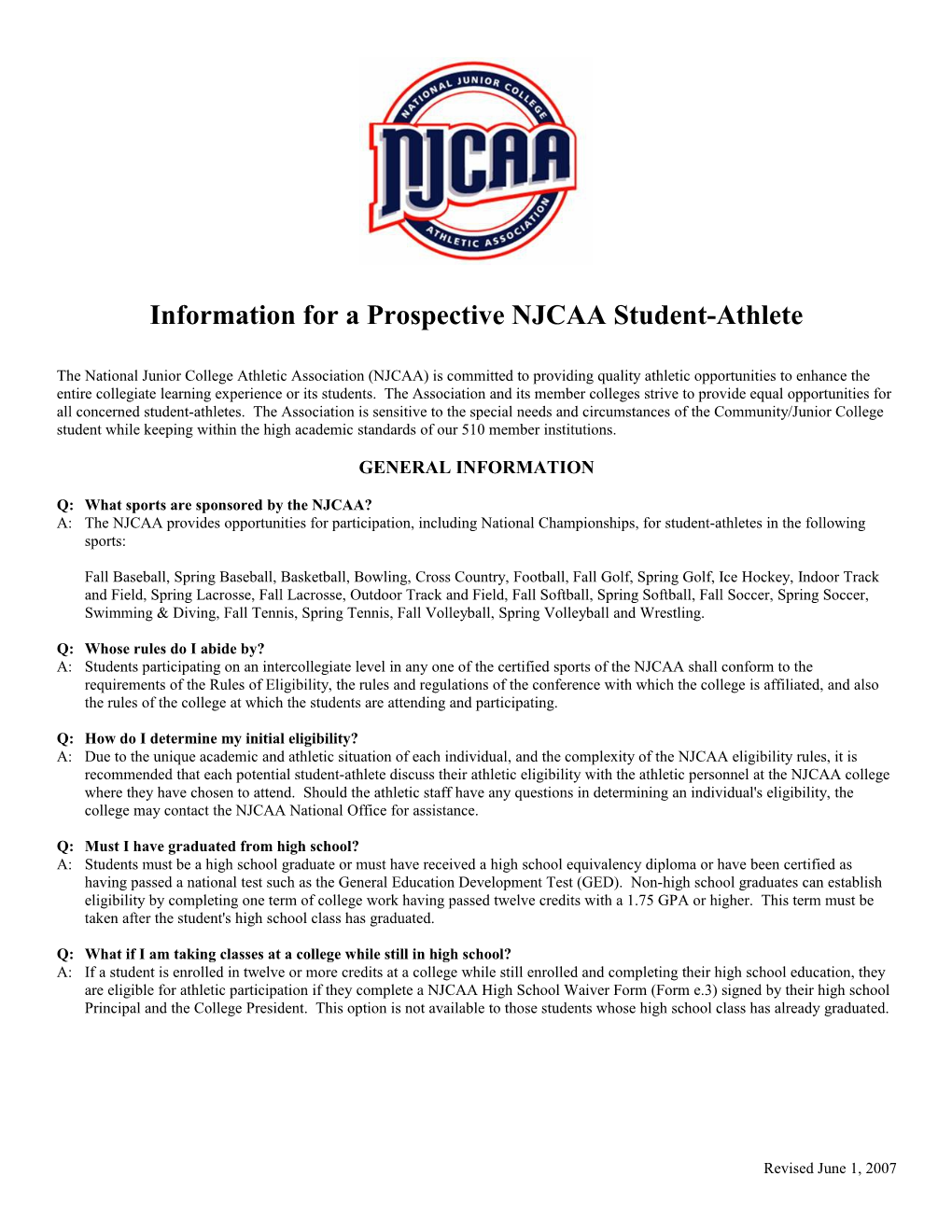 Information for Aprospective Njcaastudent-Athlete