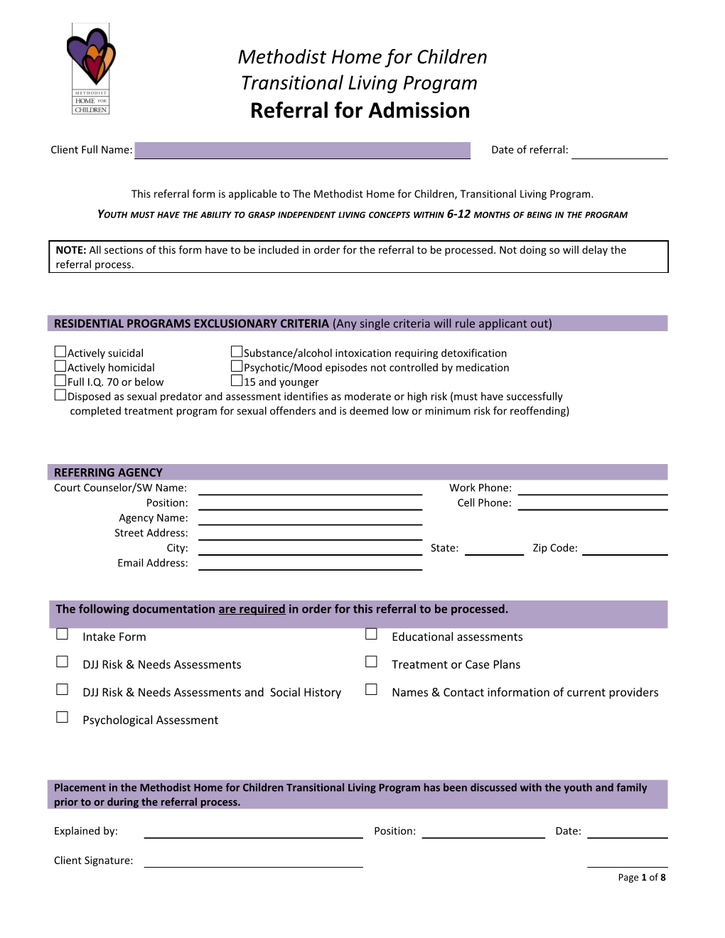 Referral for Admission