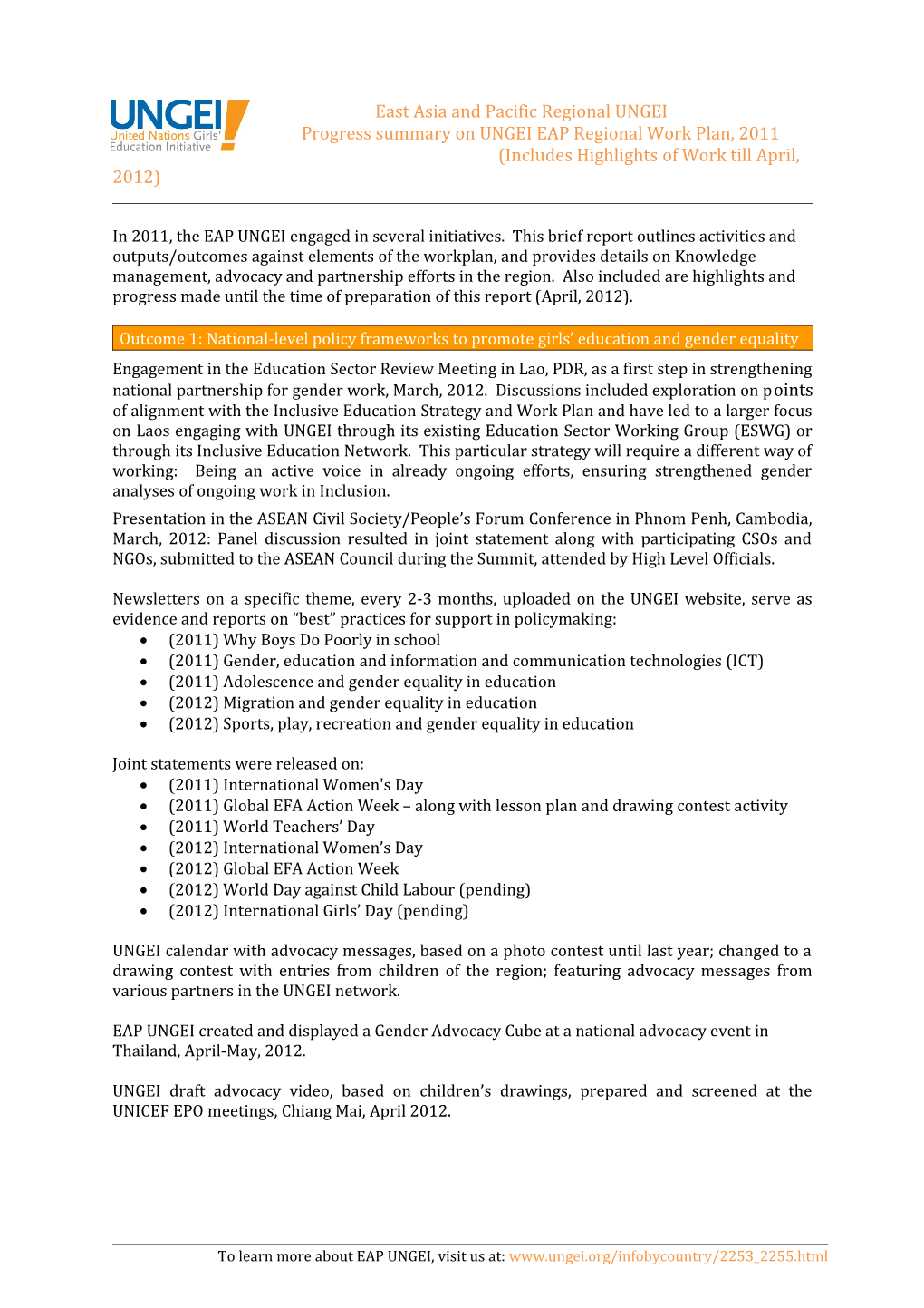 Progress Summary on UNGEI EAP Regional Work Plan, 2011