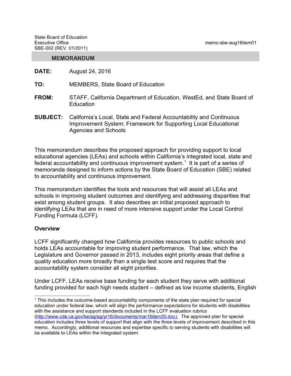 August 2016 Memo SBE Item 02 - Information Memorandum (CA State Board of Education)