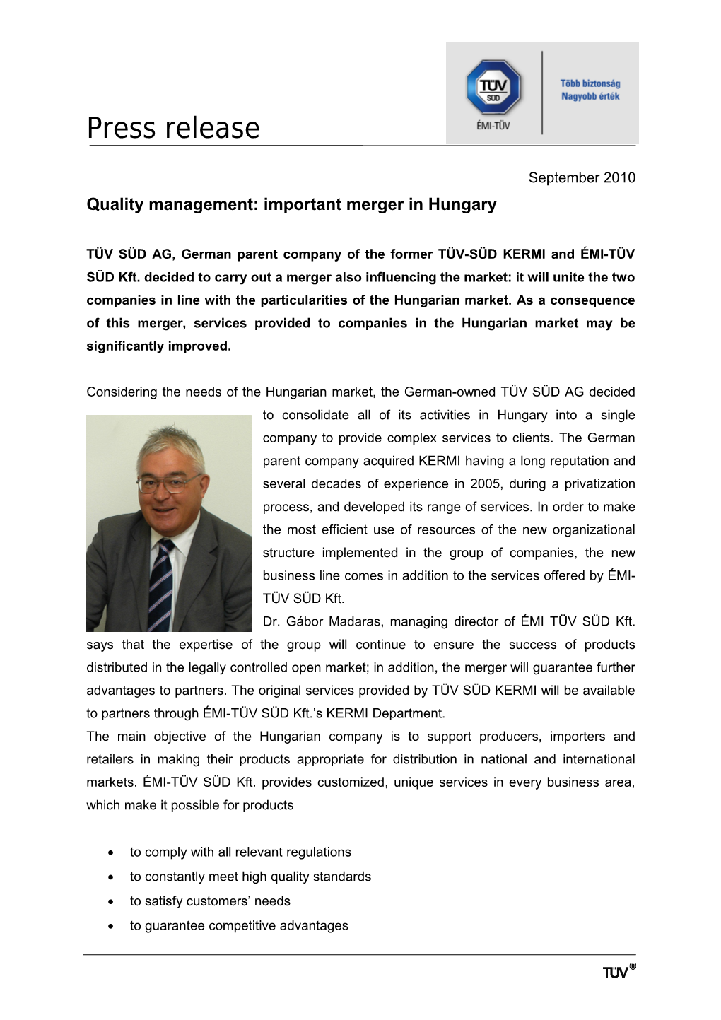 Quality Management: Important Merger in Hungary