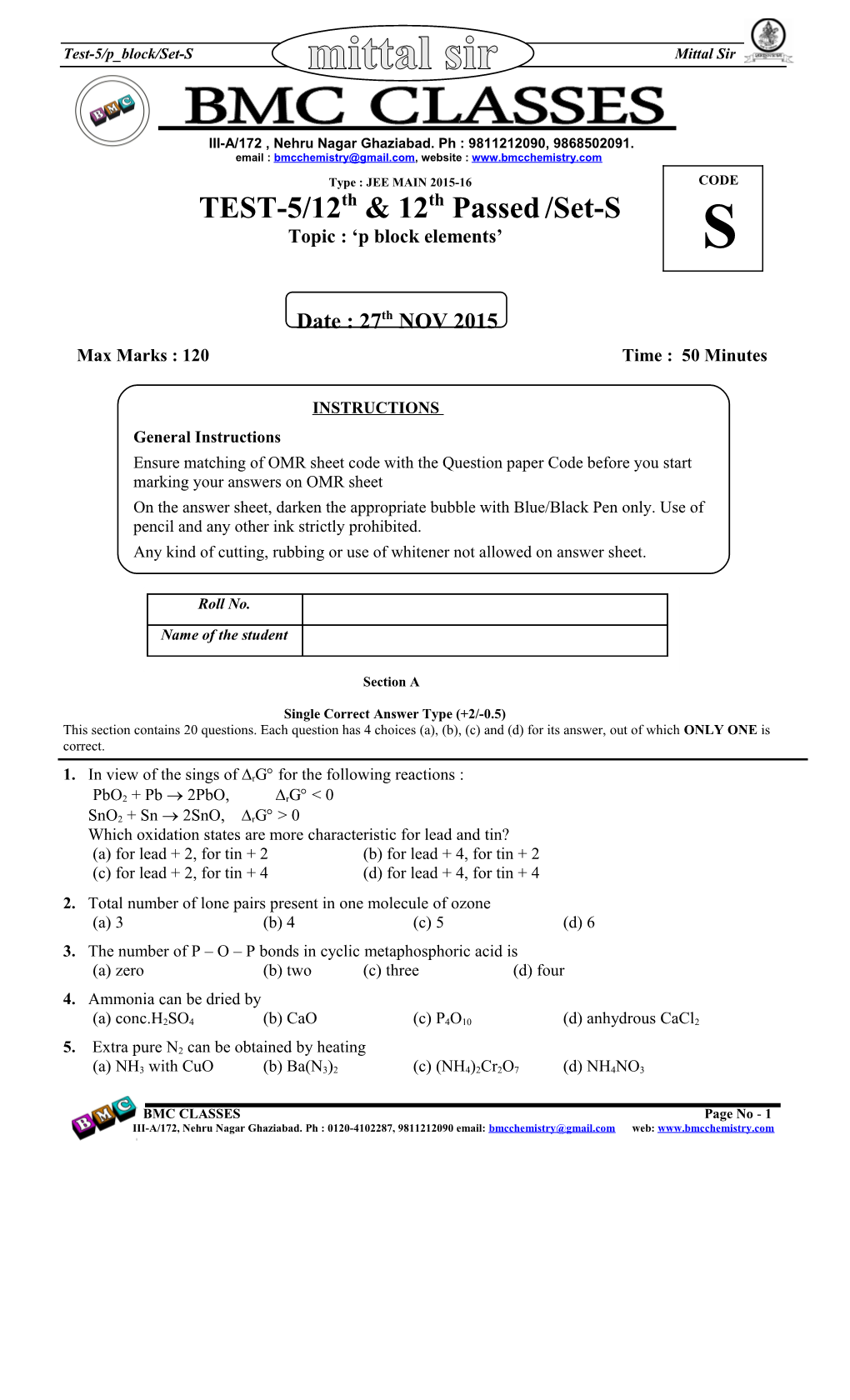 Test-5/P Block/Set-S Mittal Sir