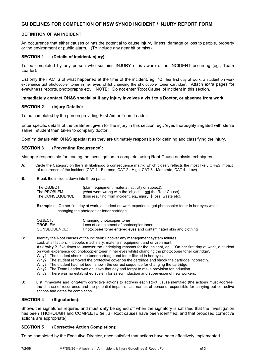 Guidelines for Completion of Nsw Synod Incident / Injury Report Form