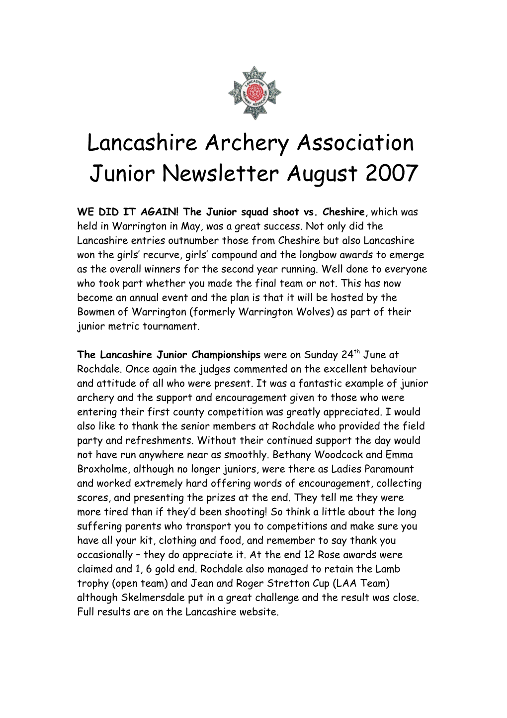 Lancashire Archery Association Junior Newsletter