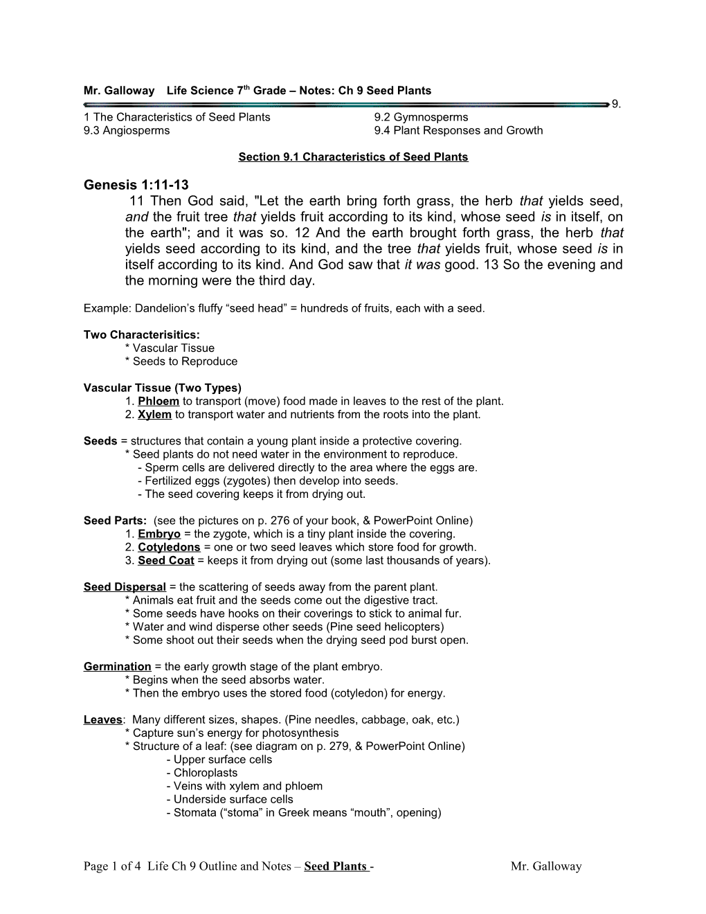 Mr. Gallowaylife Science 7Th Grade Notes: Ch 9 Seed Plants