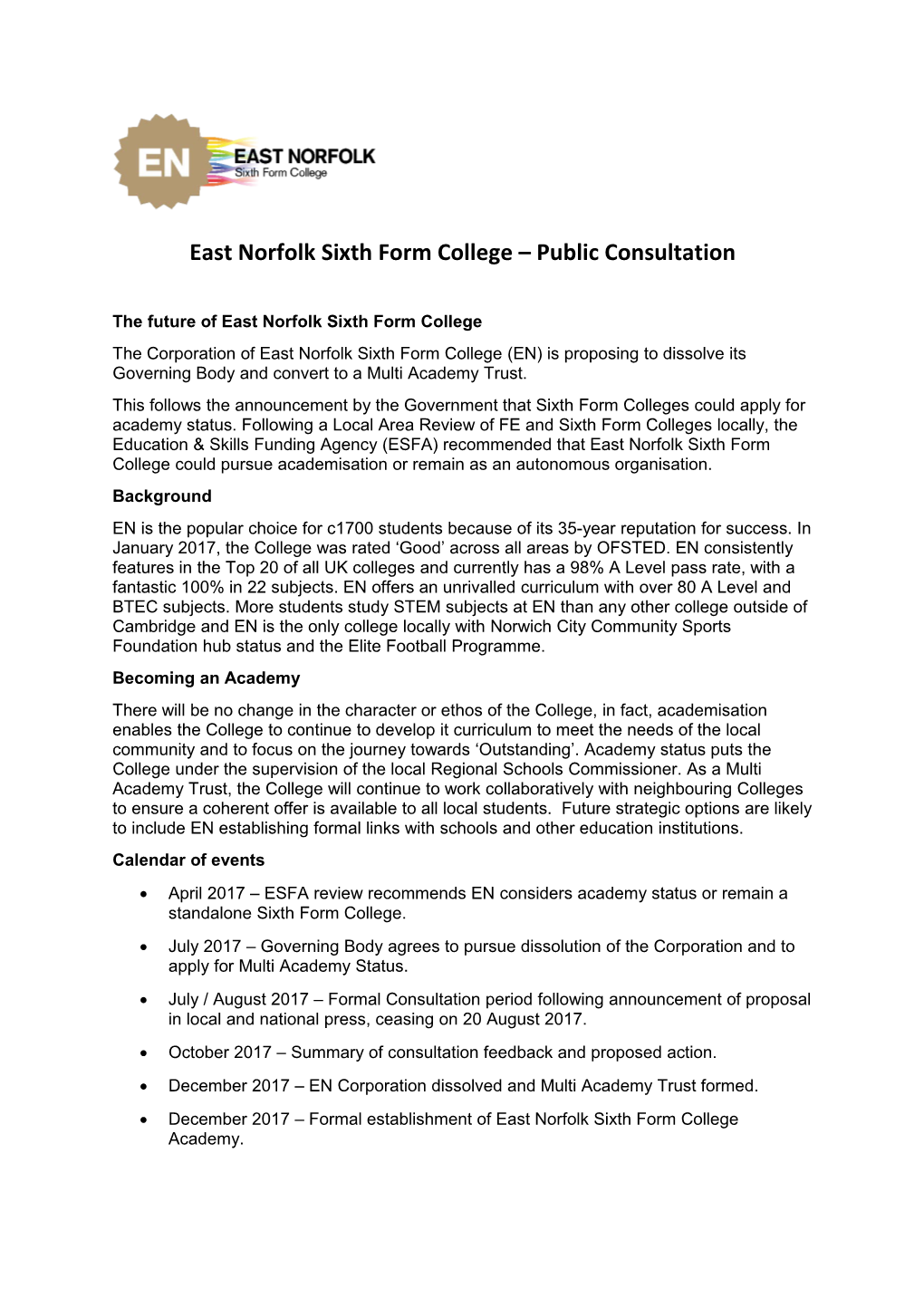 East Norfolk Sixth Form College Public Consultation