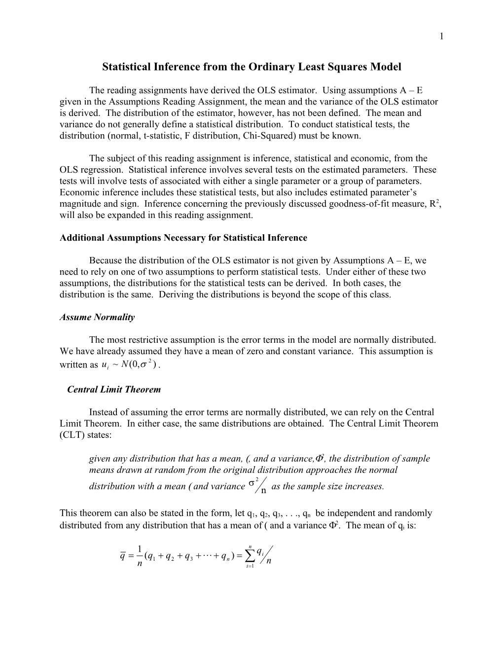 Assumption of the Ordinary Least Squares Model