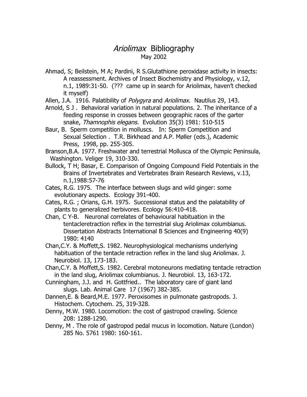 Ariolimax Bibliography