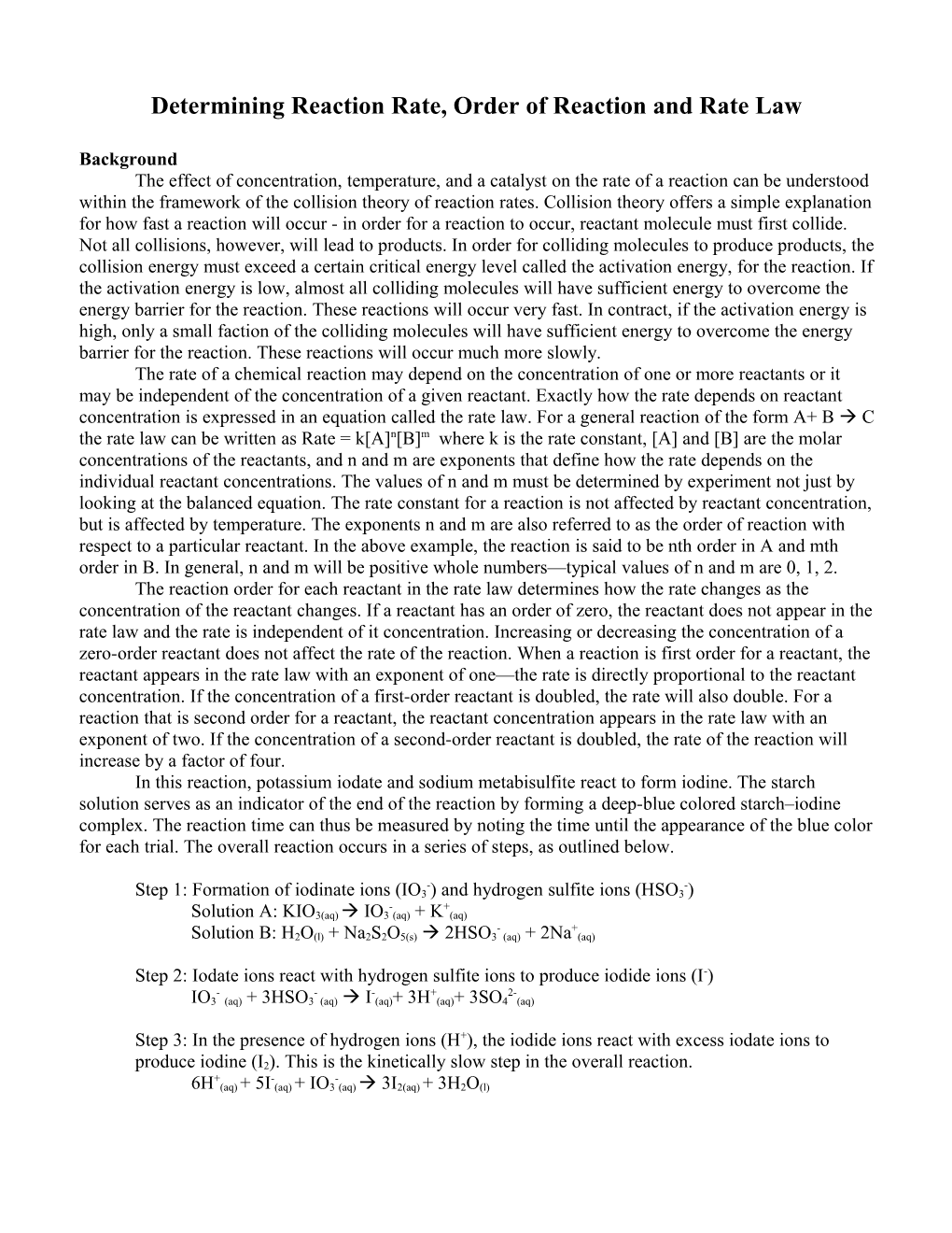 In This Reaction, Potassium Iodate and Sodium Metabisulfite React to Form Iodine