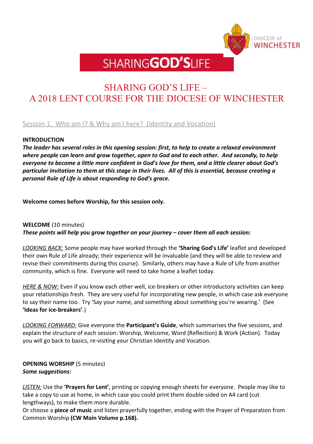 A 2018 Lent Course for the Diocese of Winchester