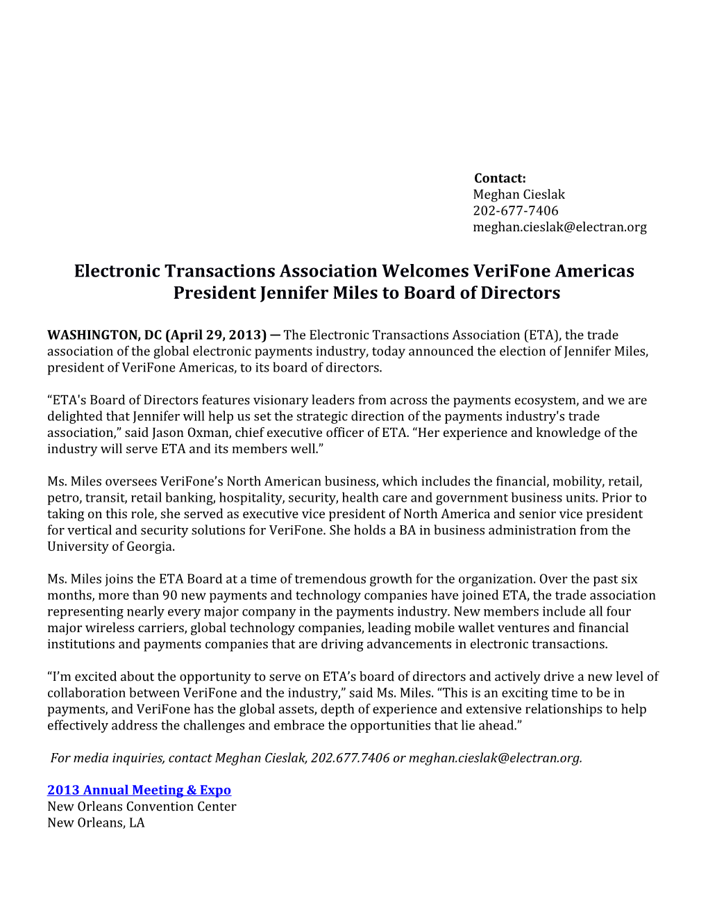 Electronic Transactions Association Welcomes Verifone Americas President Jennifer Miles