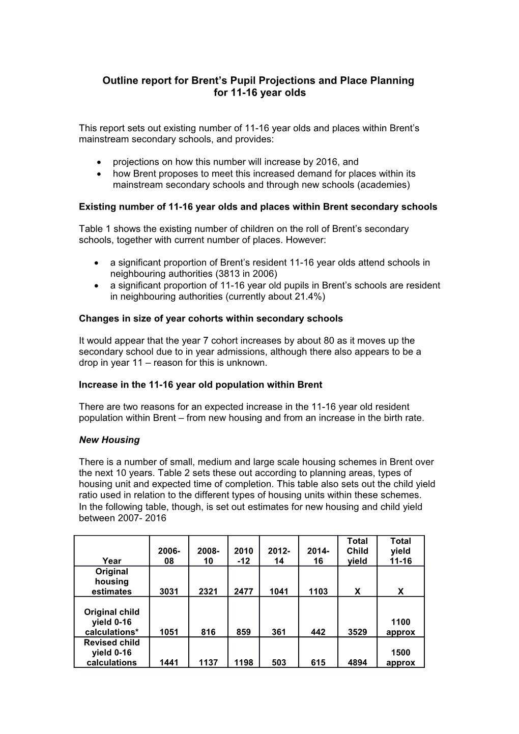 Outline Report for Camden S Pupil Projections and Place Planning