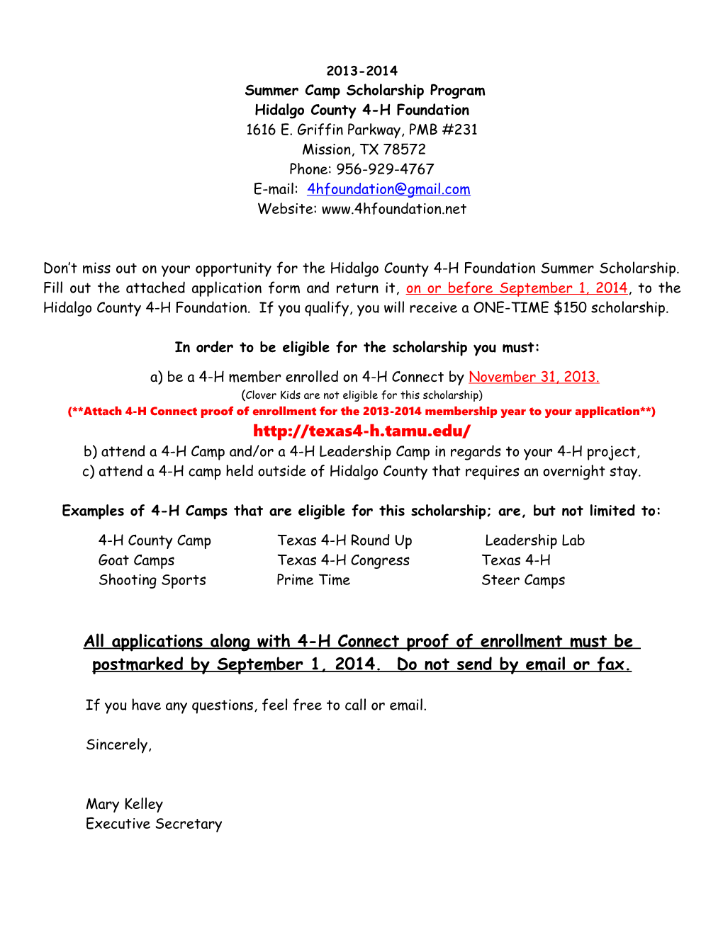 Hidalgo County 4-H Foundation Summer Scholarship Information