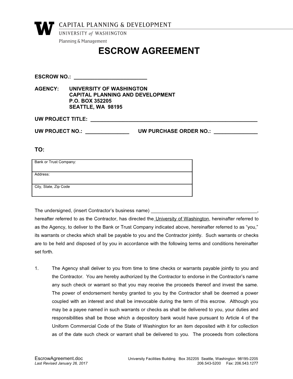 Escrow Agreement University of Washington
