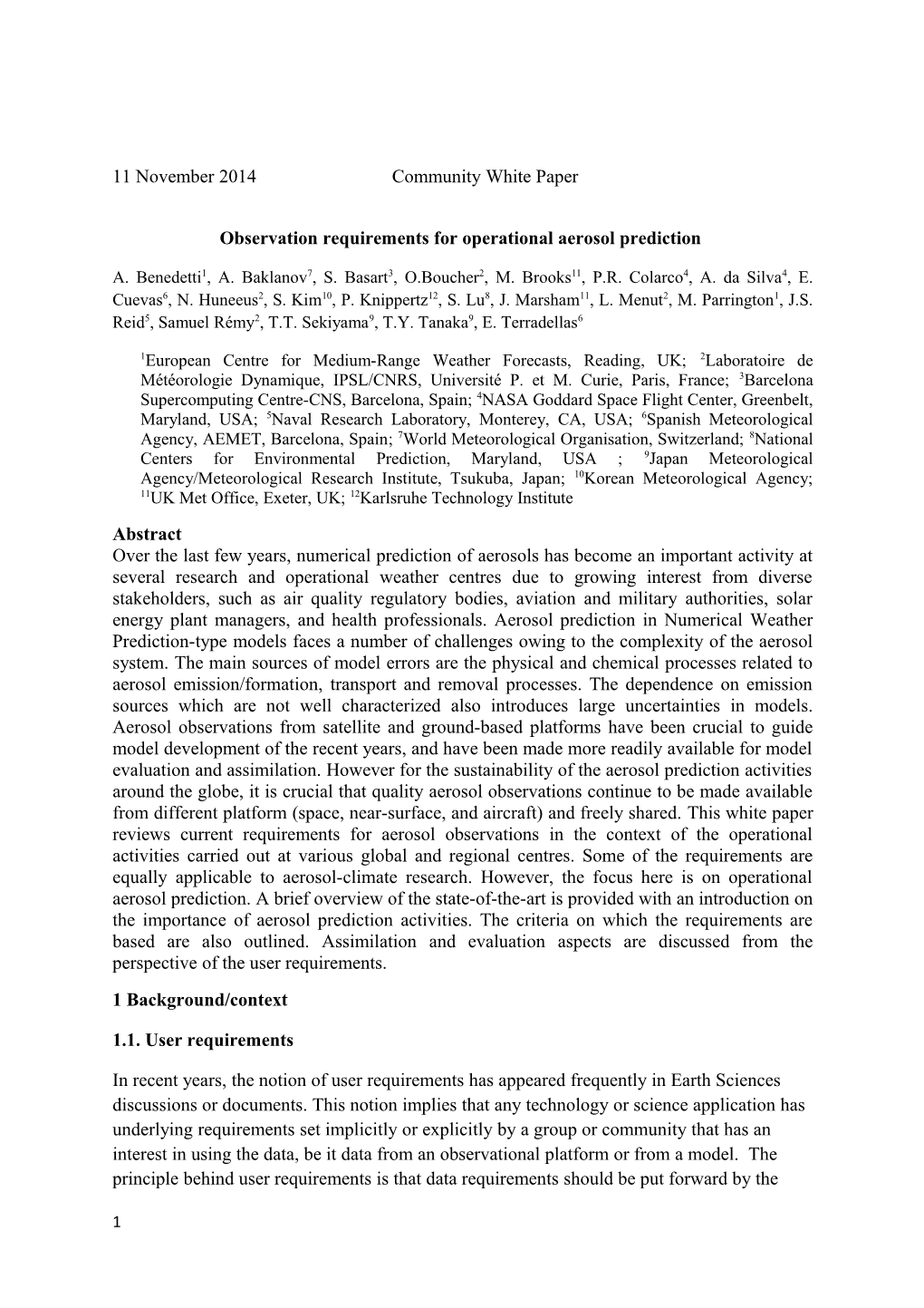 Observation Requirements for Operational Aerosol Prediction