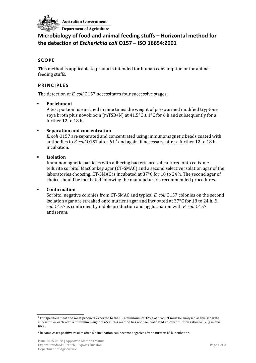 Horizontal Method for the Detection of Escherichia Coli O157 ISO 16654:2001