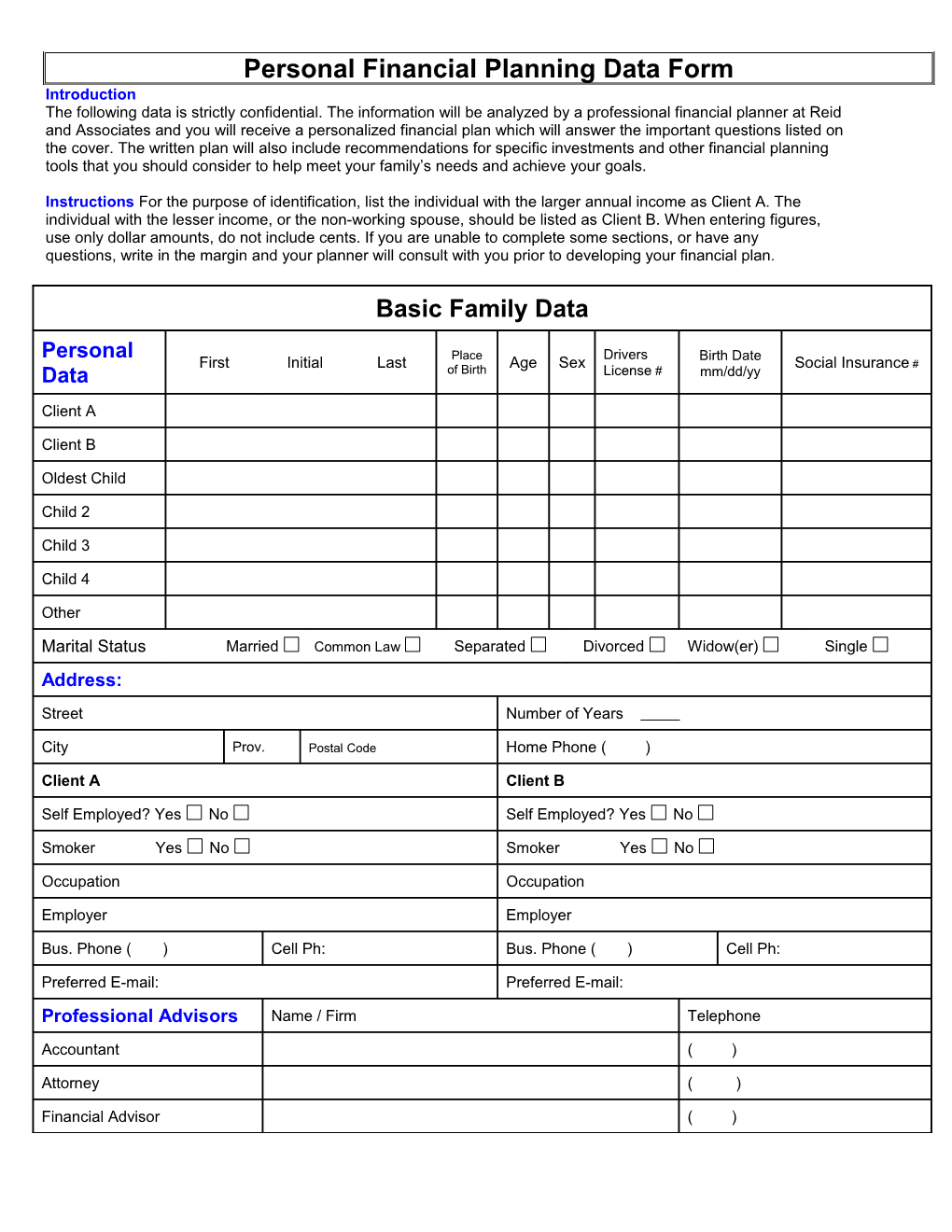 Personal Financial Planning Data Form