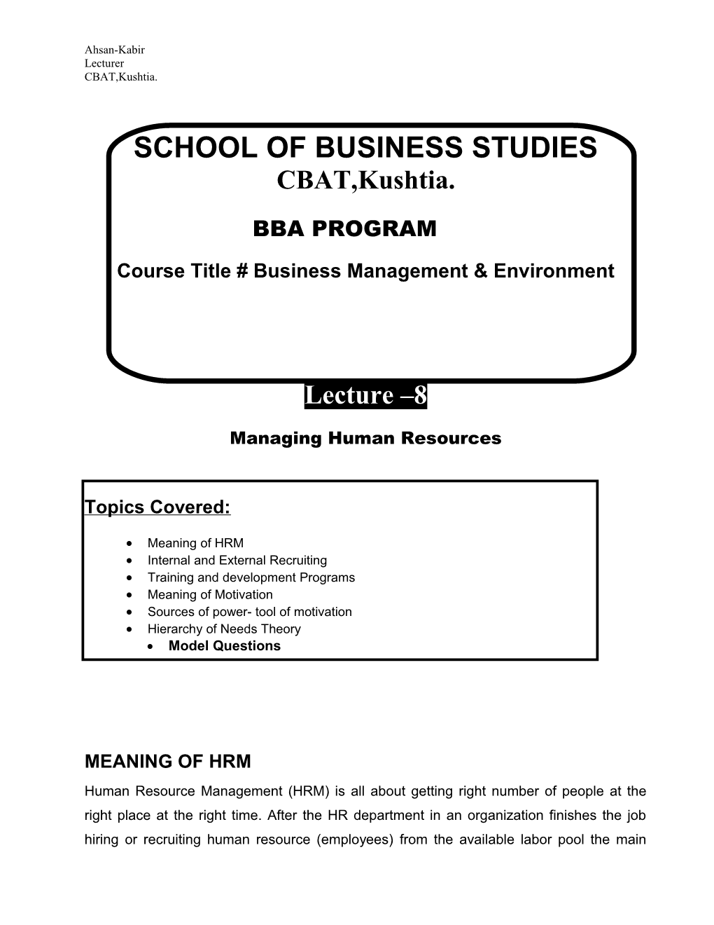 Course Title # Business Management & Environment