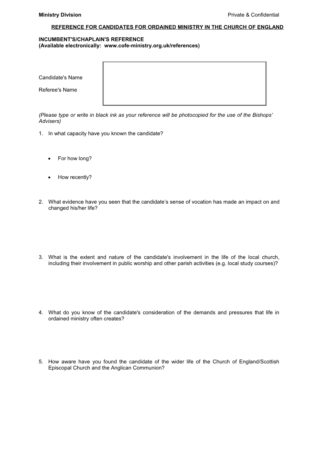 Reference for Candidates for Ordained and Professional Lay Ministry