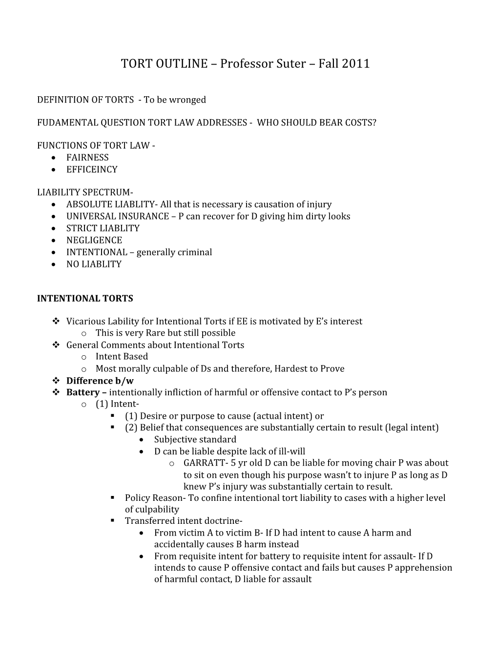 TORT OUTLINE Professor Suter Fall 2011