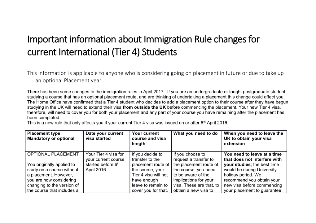 Important Information About Immigration Rule Changes for Current International (Tier 4) Students
