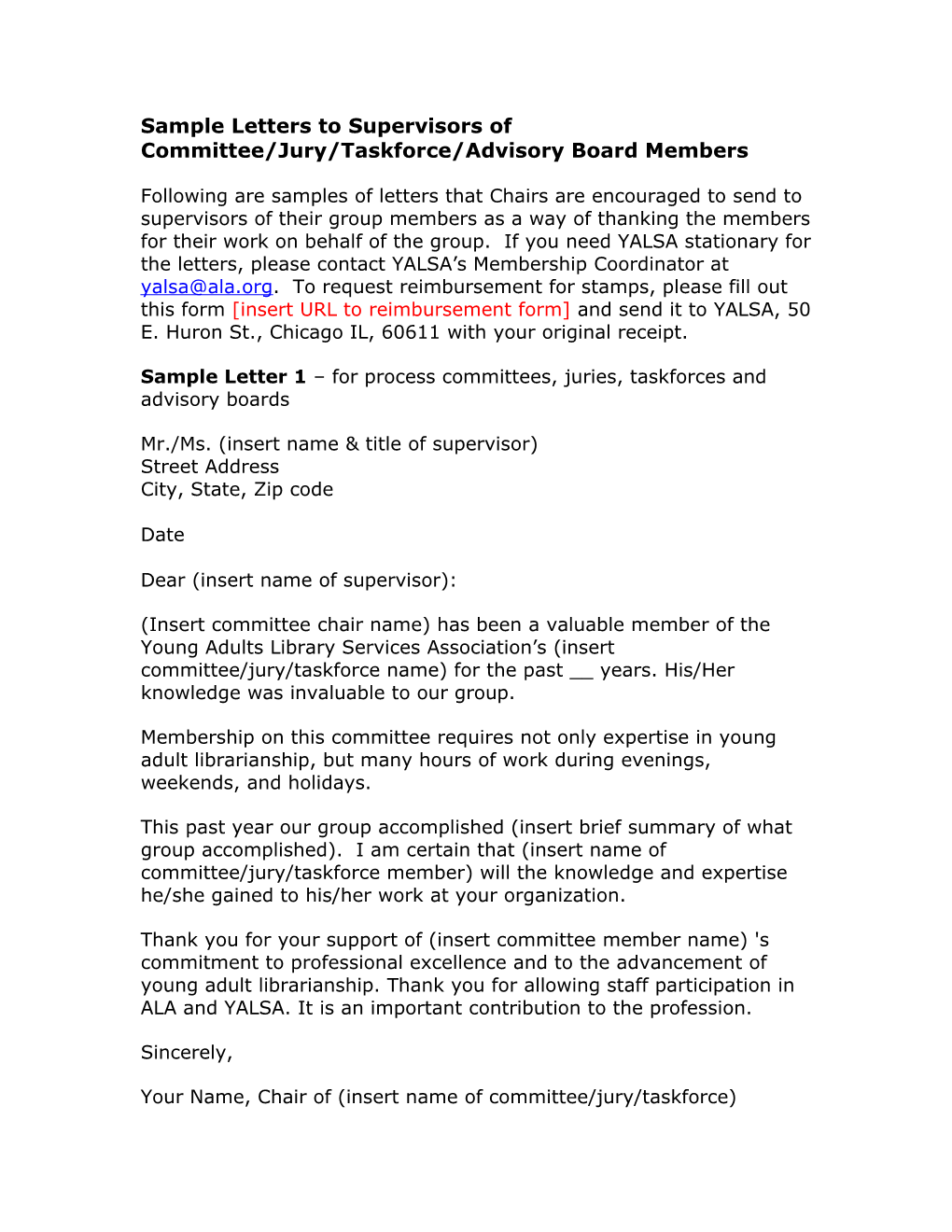 Sample Letters to Supervisors of Committee/Jury/Taskforce/Advisory Board Members