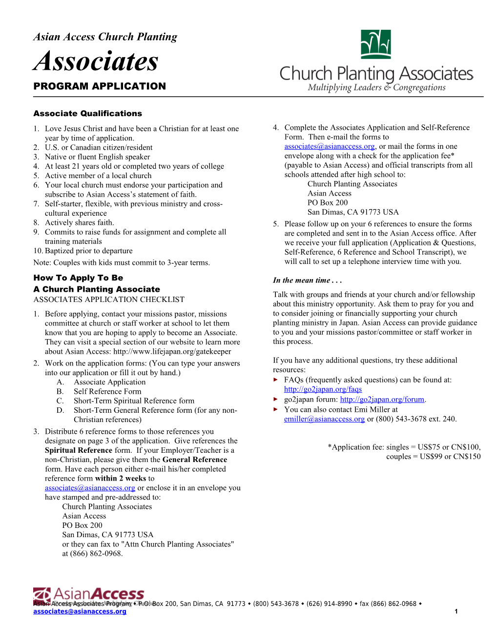 Asian Access Church Planting Associates Application