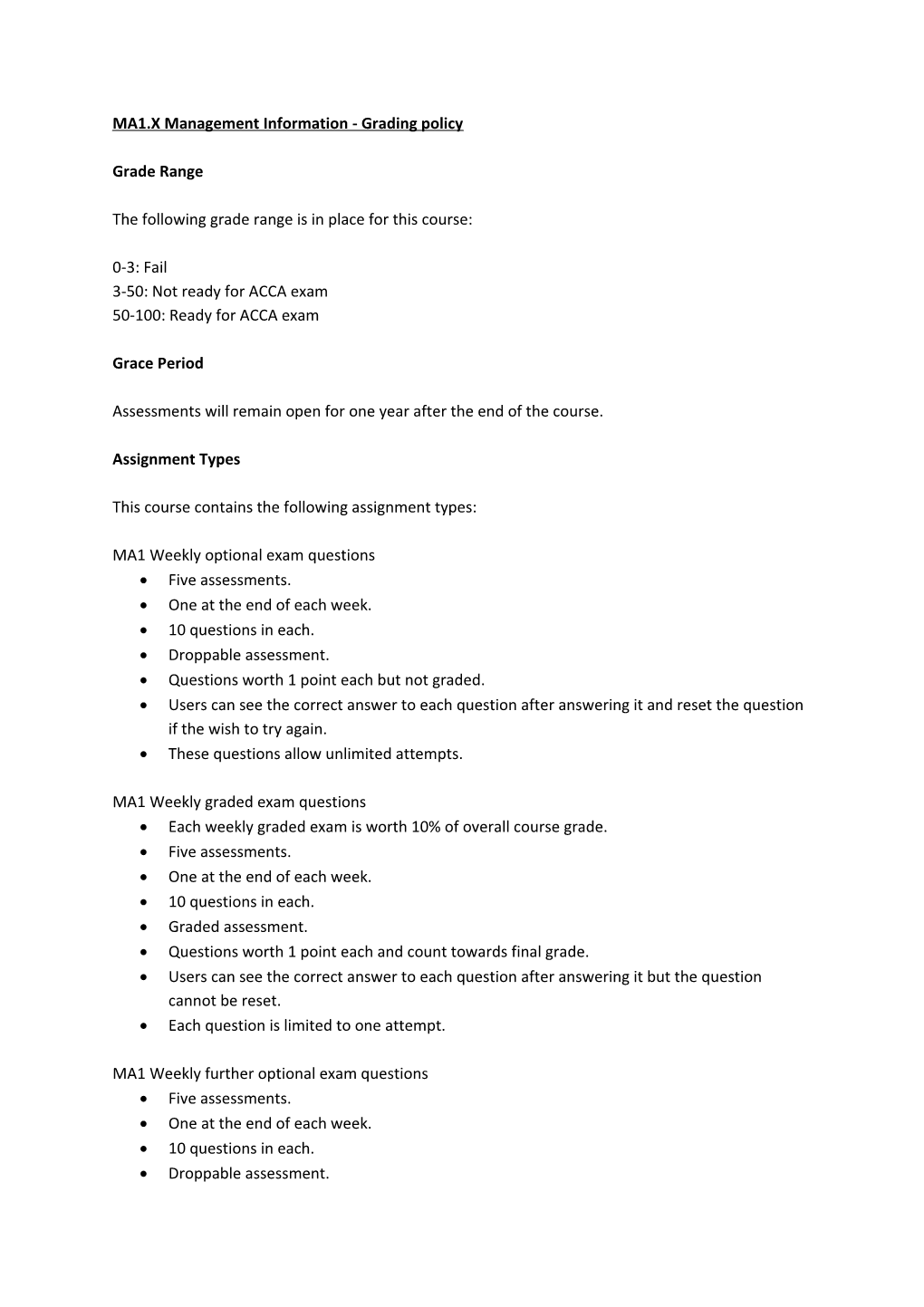 MA1.X Management Information - Grading Policy