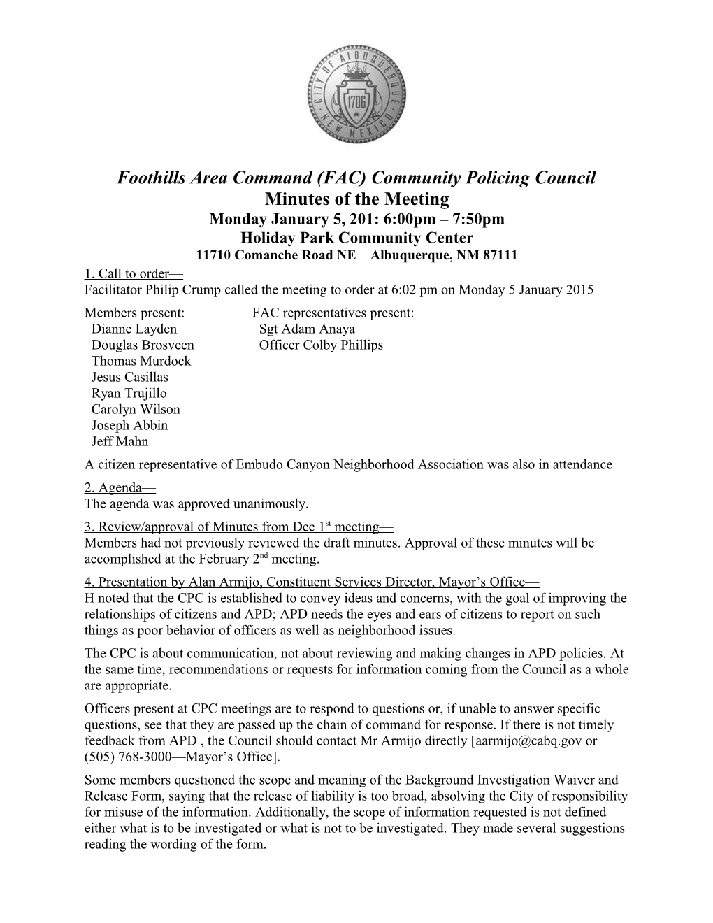 Foothills Area Command(FAC) Community Policing Council