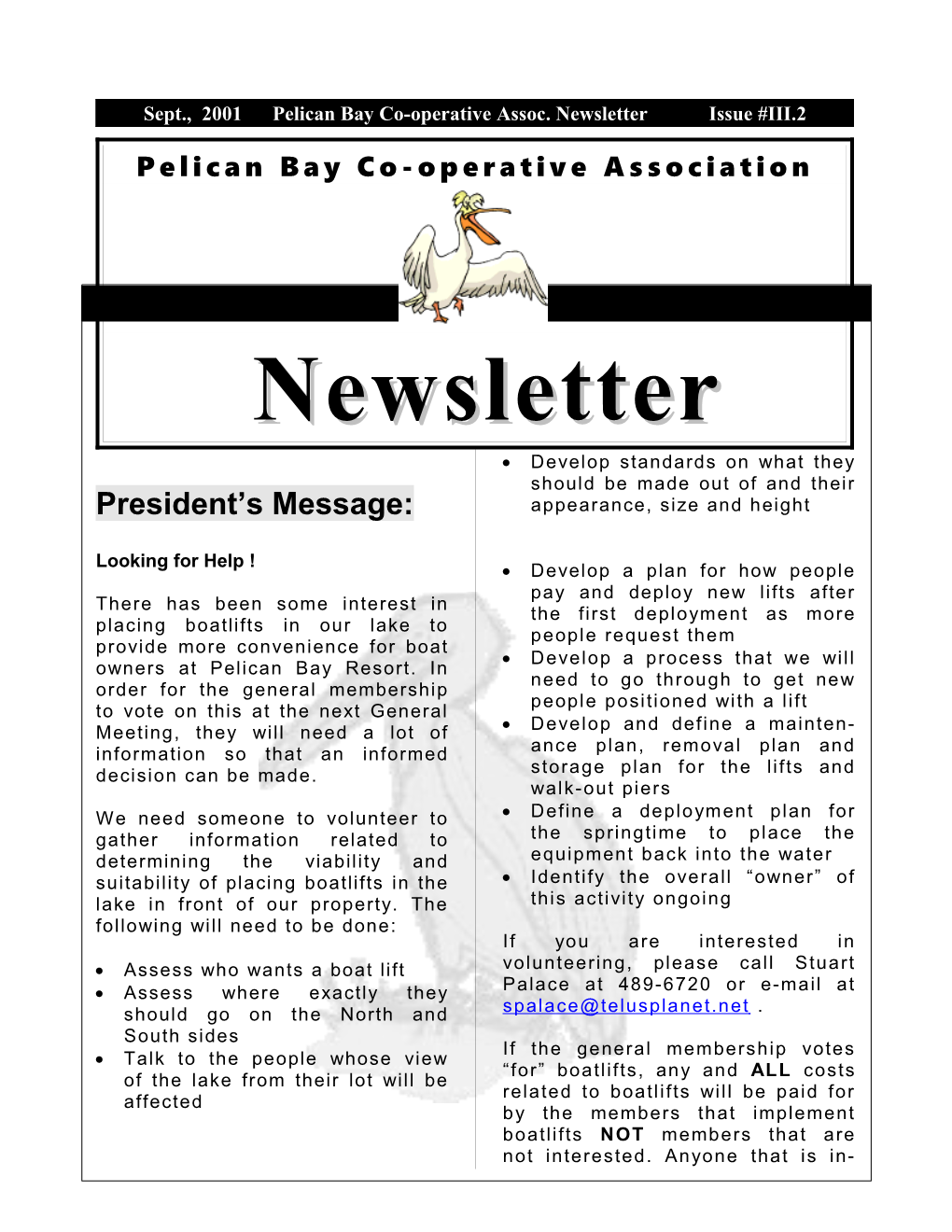 Sept., 2001 Pelican Bay Co-Operative Assoc. Newsletter Issue #III.2