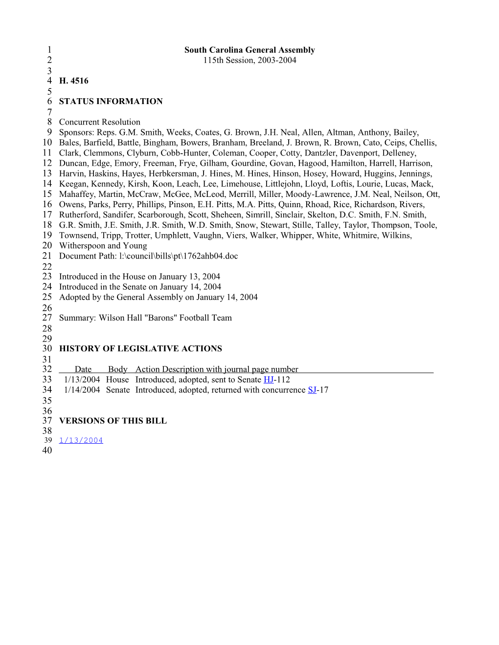 2003-2004 Bill 4516: Wilson Hall Barons Football Team - South Carolina Legislature Online