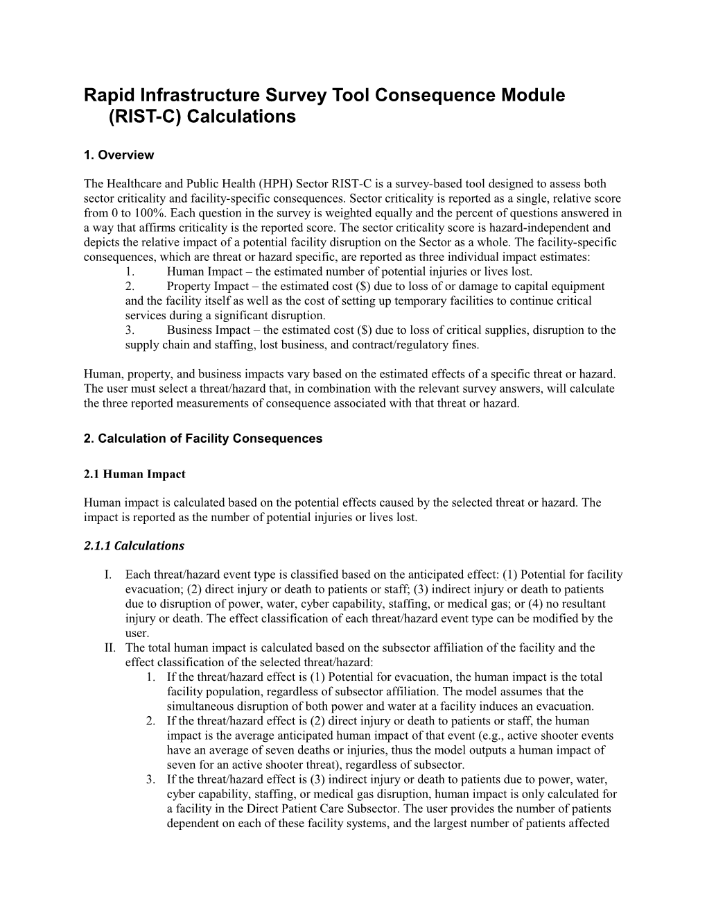 Rapid Infrastructure Survey Tool Consequence Module (RIST-C) Calculations