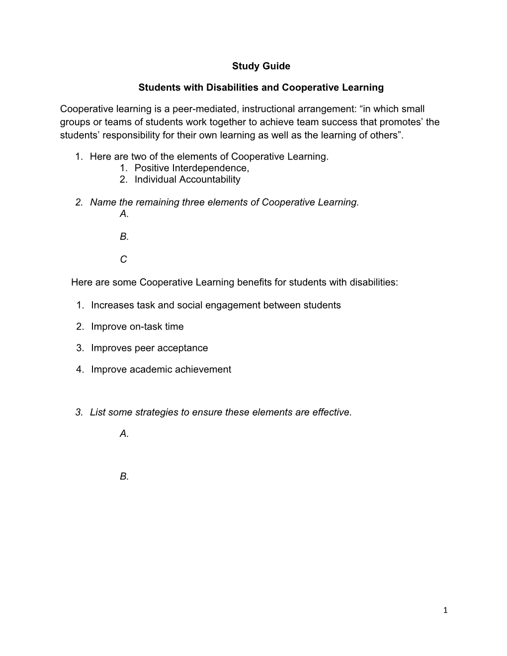 Students with Disabilities and Cooperative Learning