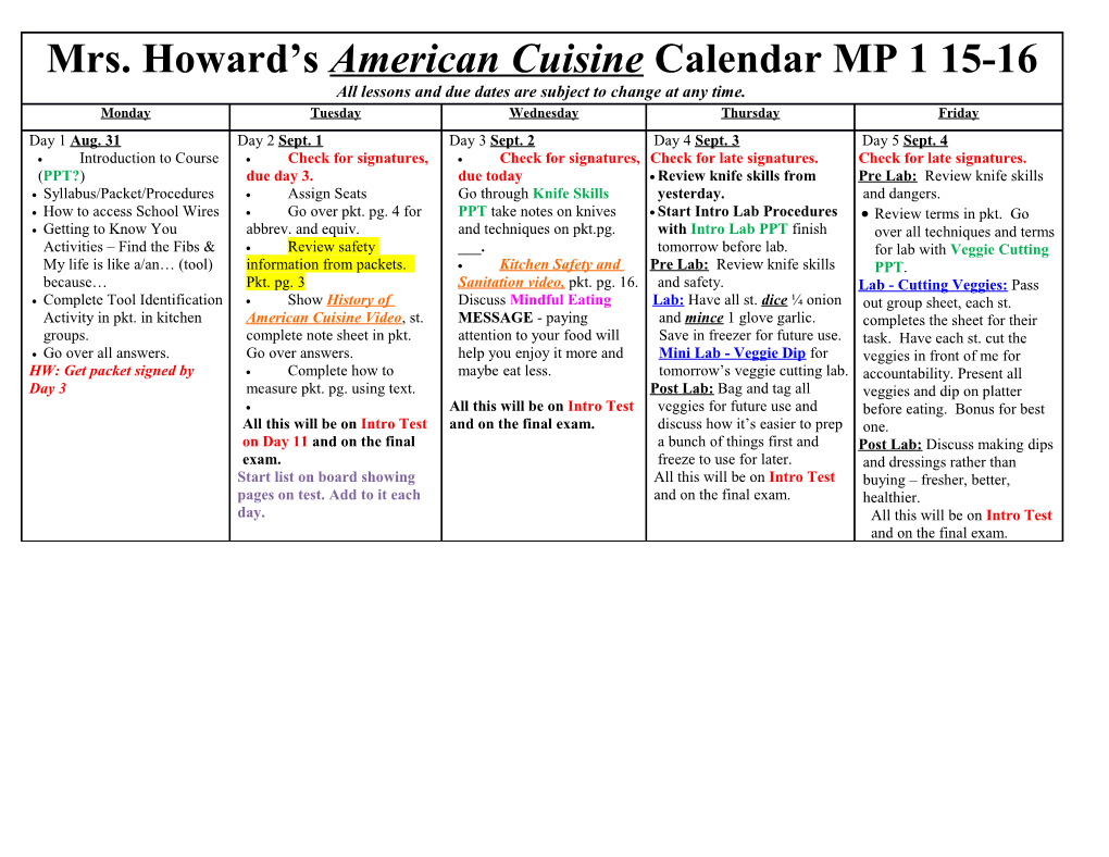 Mrs. Howard S American Cuisine Calendar MP 1 15-16