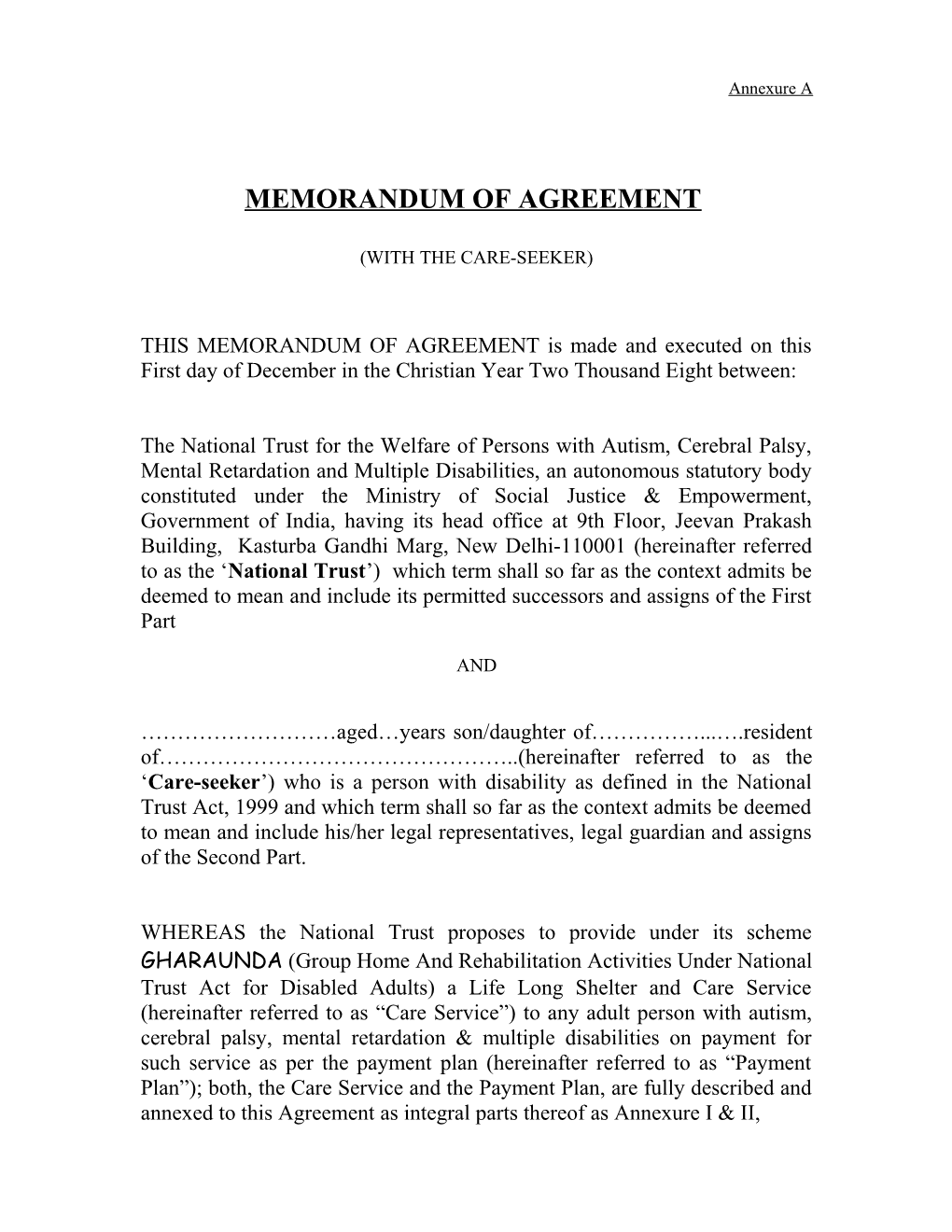 Memorandum of Agreement (With the Beneficiary)