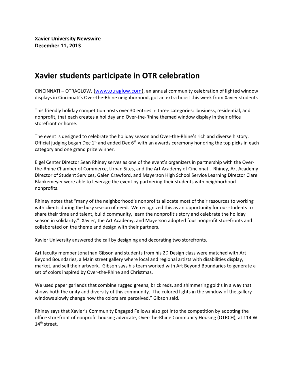 Xavier Students Participate in OTR Celebration